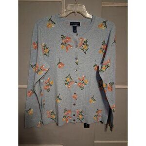 Karen Scott Cardigan Size Petite XL Blue w/Flowers Sweater Button Grannycore